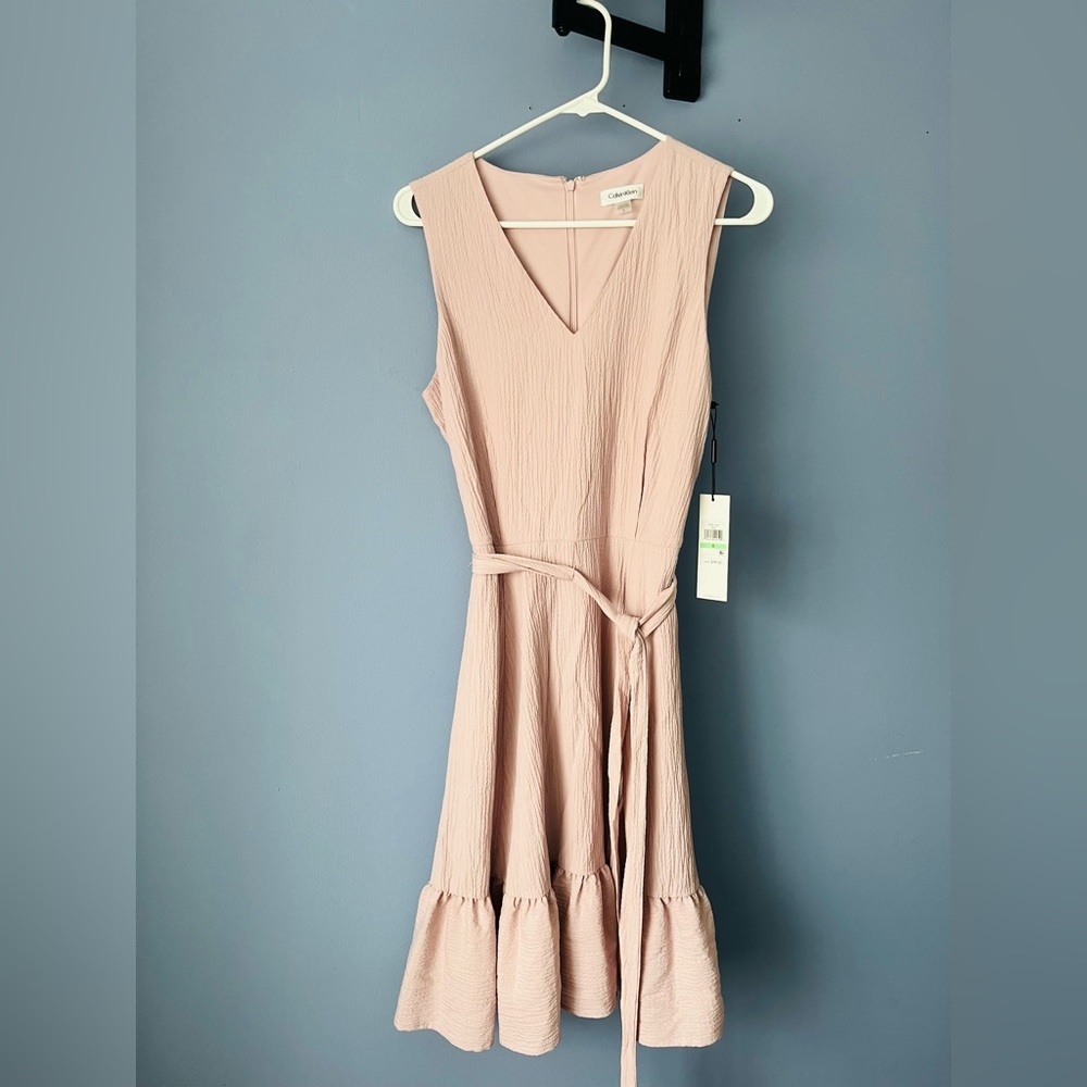 Calvin Klein Sleeveless Waist Tie V Neck Gauzy Dress Size 8 Dusty Mauve